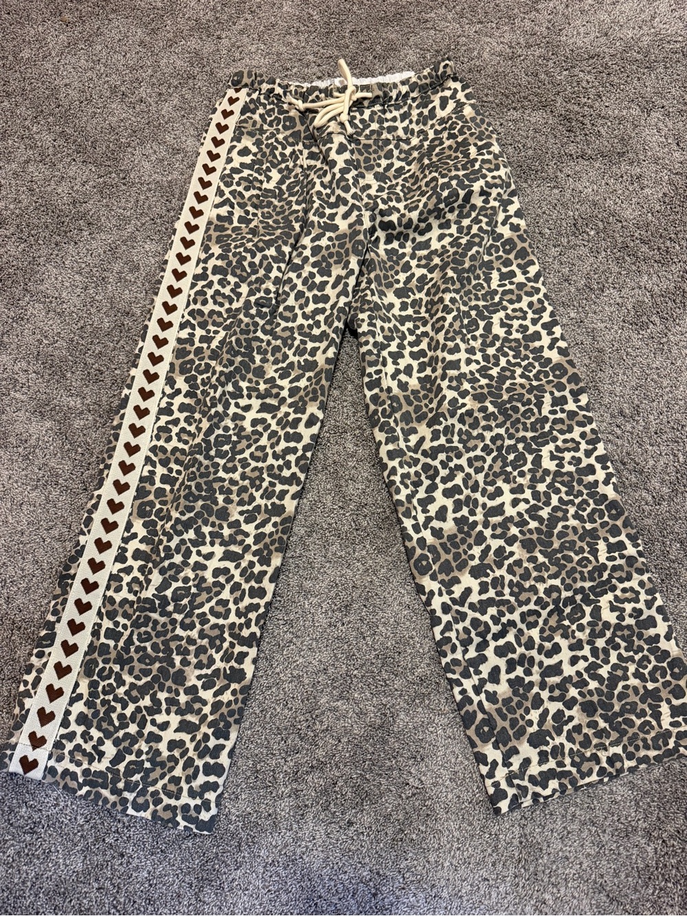 Leopard Print Wide Leg Pants with Heart-Trim